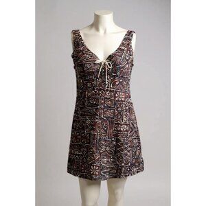 Vintage 90s Girl Star Brown Tribal Print Sleeveless Mini Beach Dress S
